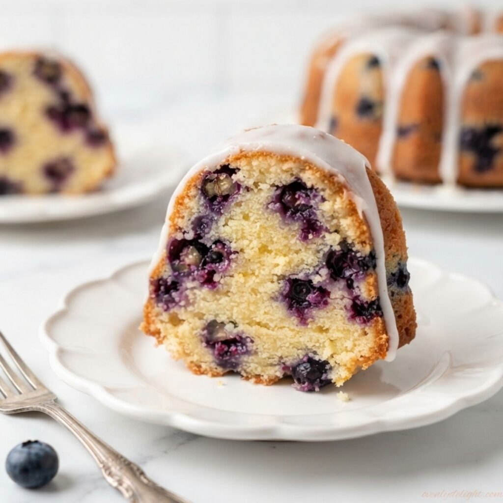 Slice of homemade lemon blueberry bundt cake showing juicy blueberries inside a soft lemon cake crumb
