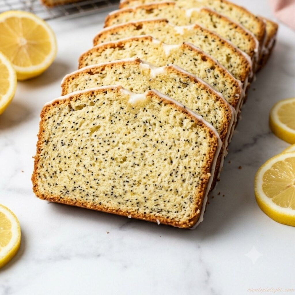 Sliced lemon poppy seed loaf with fresh lemon glaze and poppy seeds.