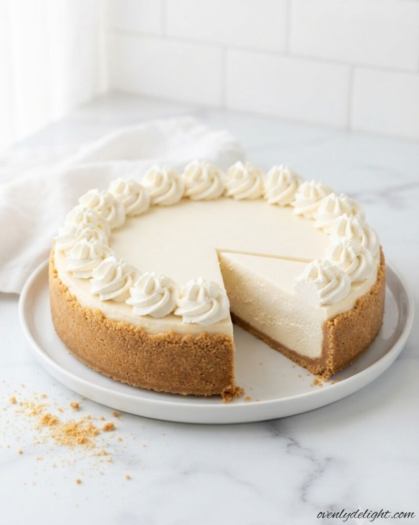 Smooth homemade no-bake cheesecake served on a classic graham cracker crust.