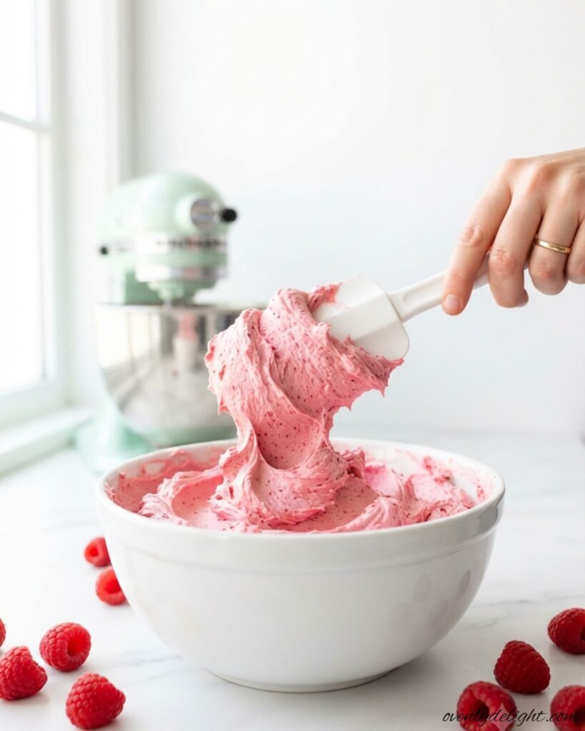 Smooth raspberry buttercream frosting in a bowl, perfect for decorating cakes, cupcakes, and cookies.