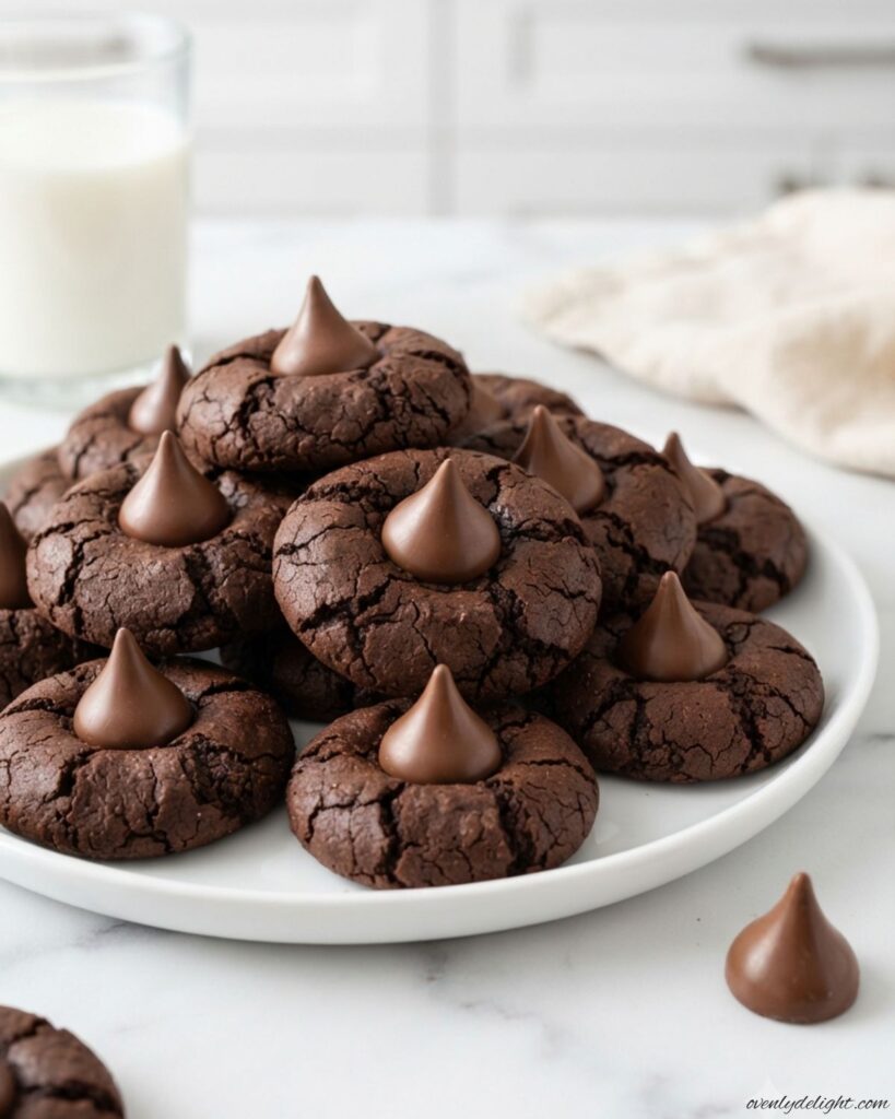 Soft Chocolate Blossom Cookies rolled in sugar and finished with a chocolate kiss for a classic holiday treat.