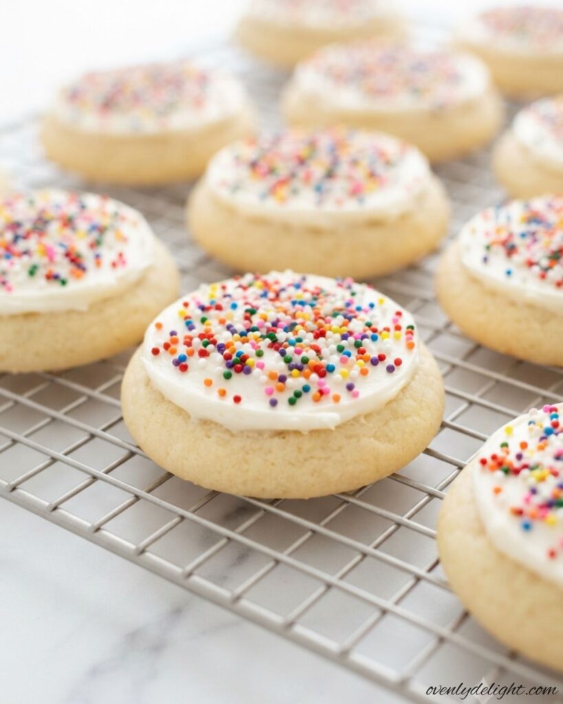 Soft Dot Cake Cookies topped with colorful candy-coated chocolate pieces for a fun and festive homemade treat.