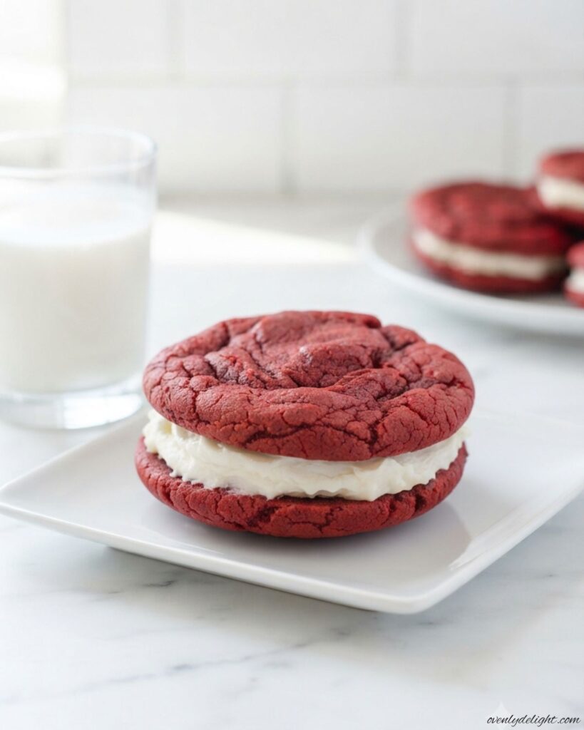 Soft Red Velvet Sandwich Cookies with rich cream cheese filling