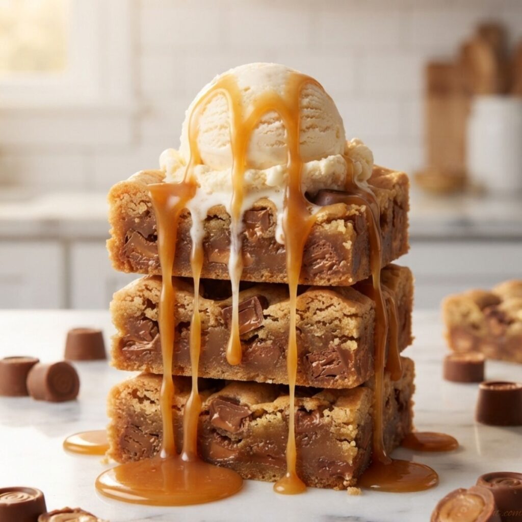 Soft and chewy Peanut Butter Caramel Blondies cut into squares on a cooling rack.