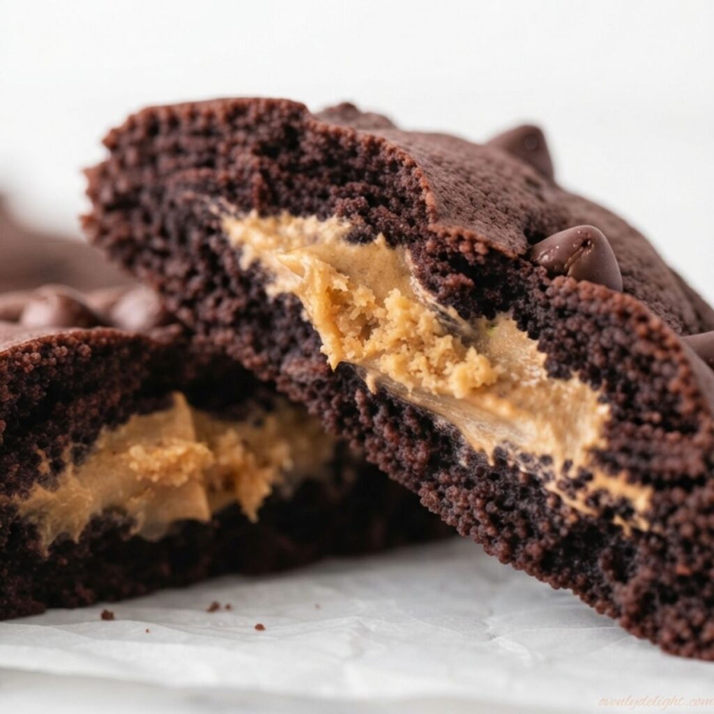 Soft and chewy Reese's Double Chocolate Cookies with gooey peanut butter cup centers.
