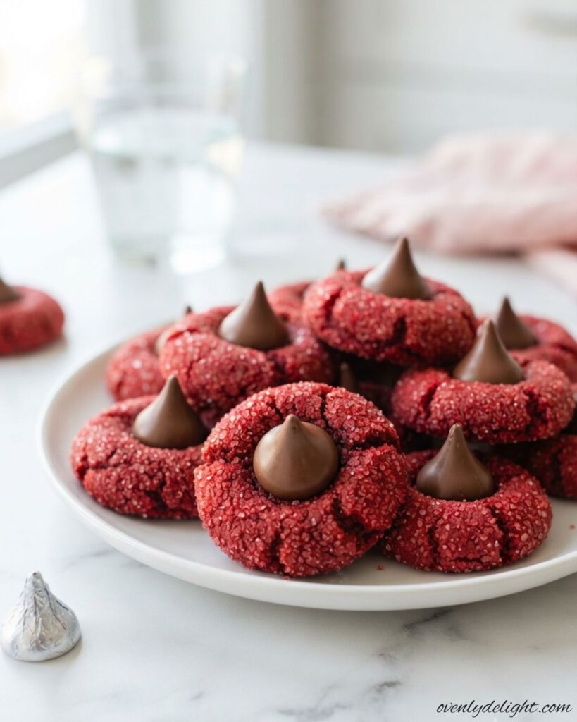 Soft and chewy red velvet blossoms cookies with rich cocoa flavor and a sweet chocolate candy topping