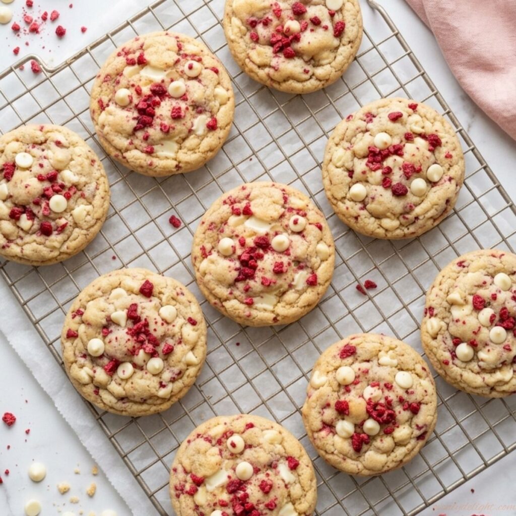 Soft and chewy white chocolate raspberry cookies on a cooling rack