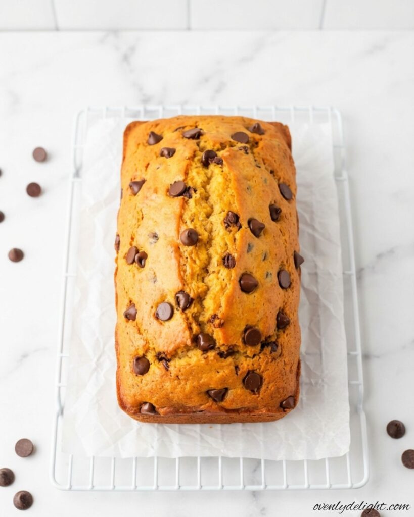 Soft and moist peanut butter chocolate chip bread sliced on a plate with chocolate chips