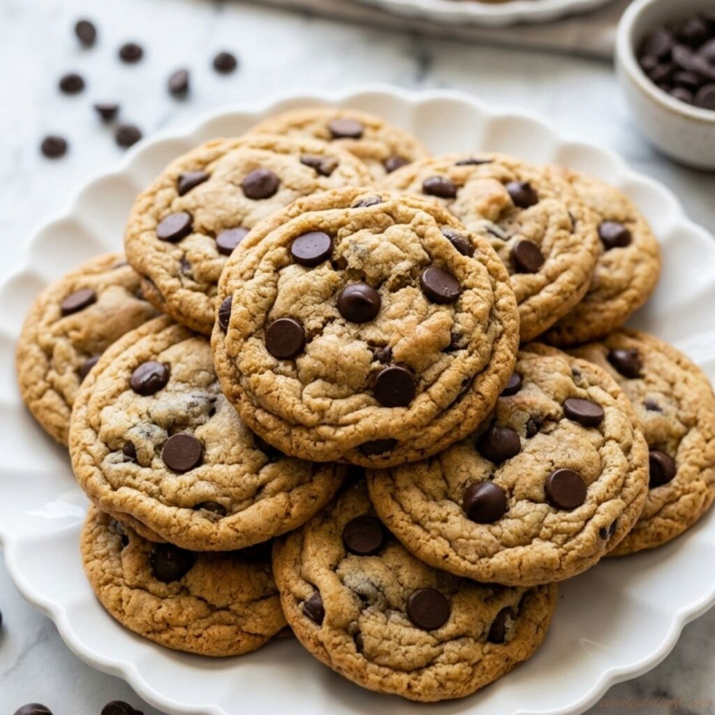 Soft, chewy gluten-free chocolate chip cookies made with almond flour, stacked on a plate with visible chocolate chunks.