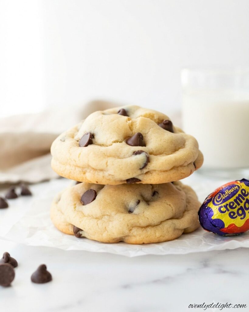 Soft chocolate chip cookies stuffed with Cadbury Cream Eggs and baked until golden brown.