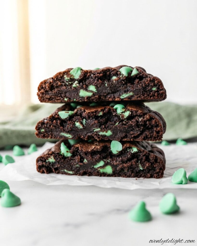 Soft chocolate cookies filled with mint chocolate chips and slightly crisp edges