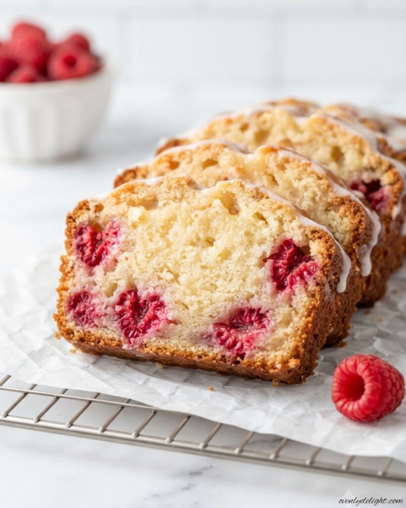 Soft raspberry loaf cake with juicy berries and a lightly golden top