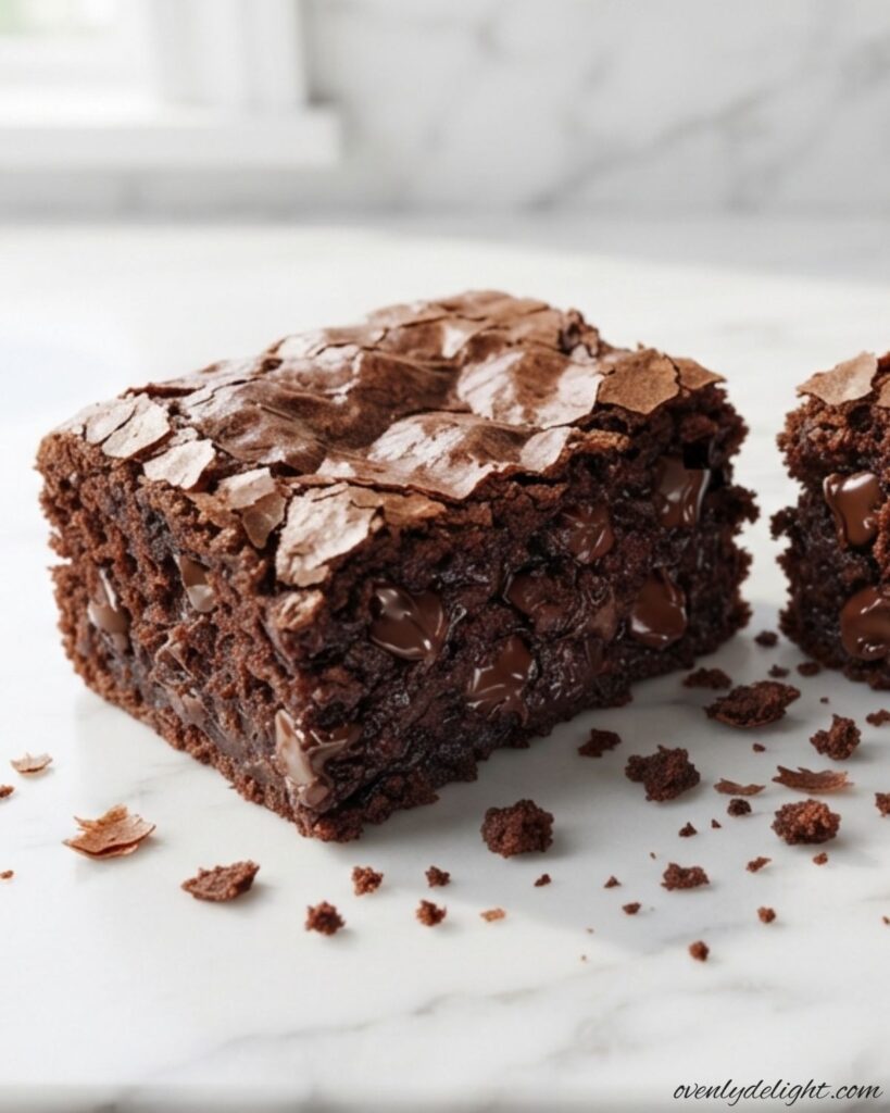 Thick chocolate brownie batter mixed with cocoa powder and chocolate chips in a bowl.