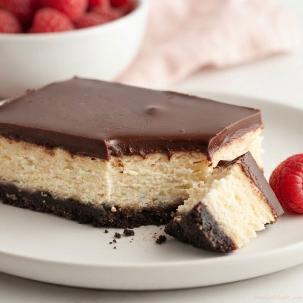 White Chocolate Cheesecake Bars with Oreo crust and chocolate ganache