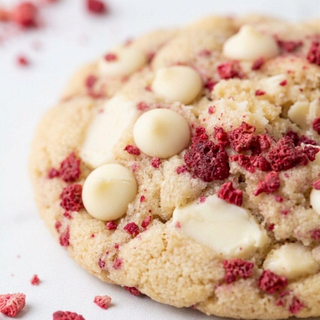 White chocolate raspberry cookies with freeze-dried raspberries and white chocolate chips