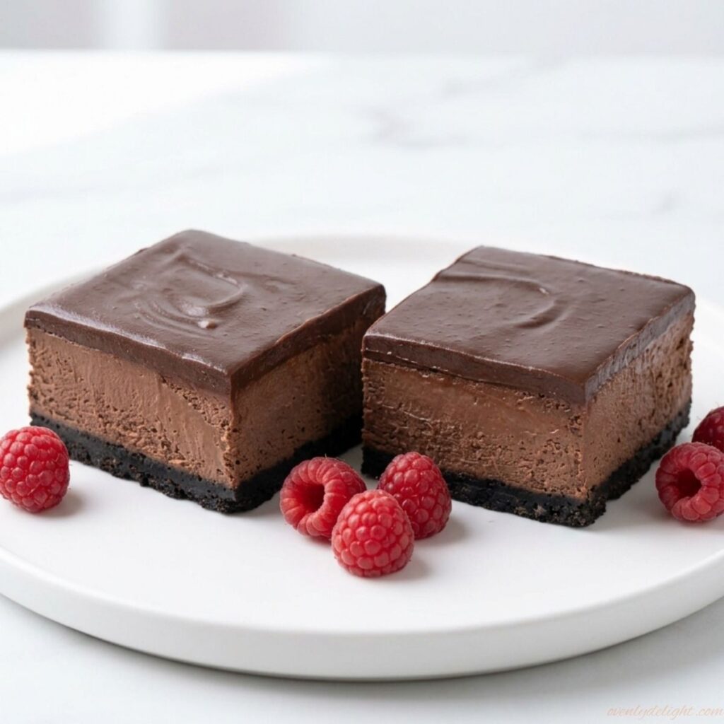 Creamy chocolate cheesecake squares with glossy ganache topping