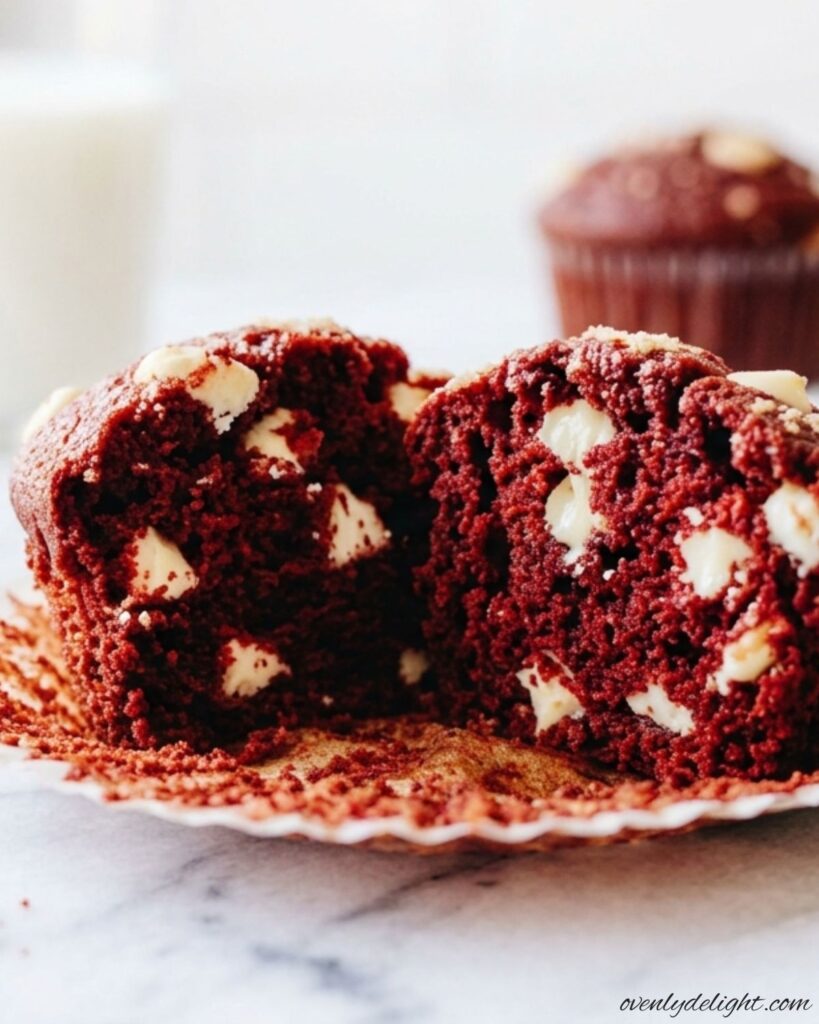 Bakery-style red velvet muffins filled with chocolate chips, natural lighting.
