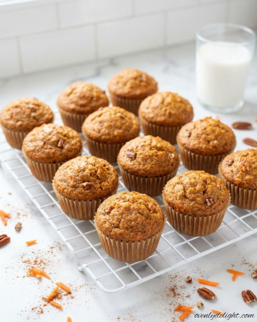 Easy carrot cake muffins served with cream cheese frosting and chopped pecans for a delicious breakfast or dessert.