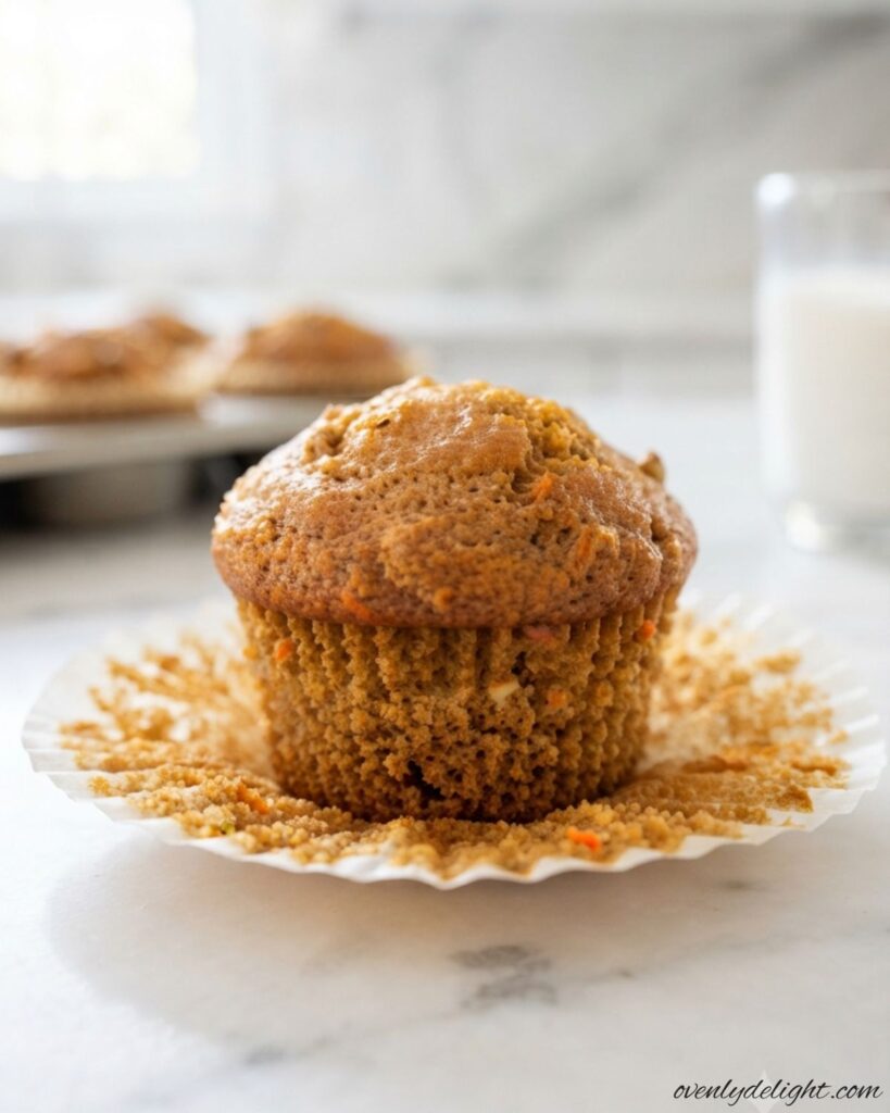 Freshly baked carrot cake muffins with cinnamon, shredded carrots, and a golden muffin top.