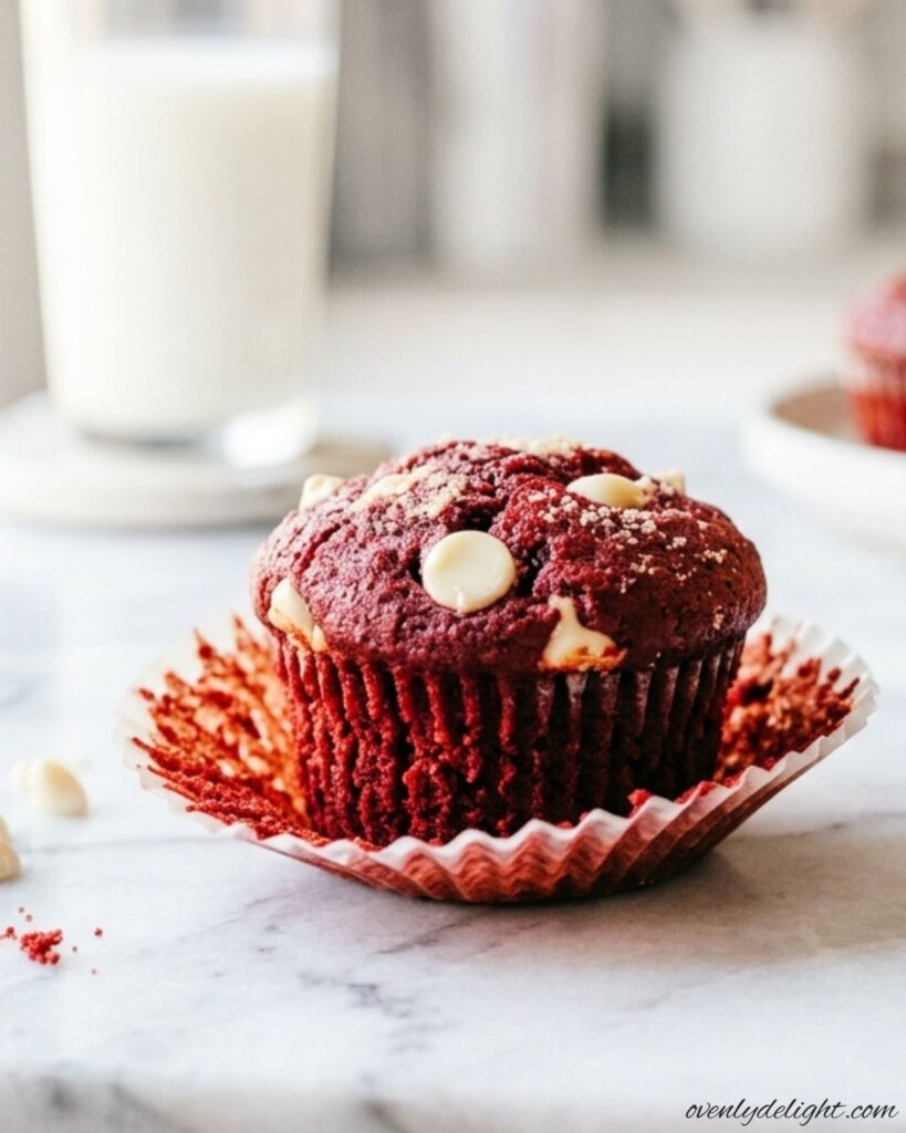 Freshly baked red velvet chocolate chip muffins in paper liners, bakery-style presentation.