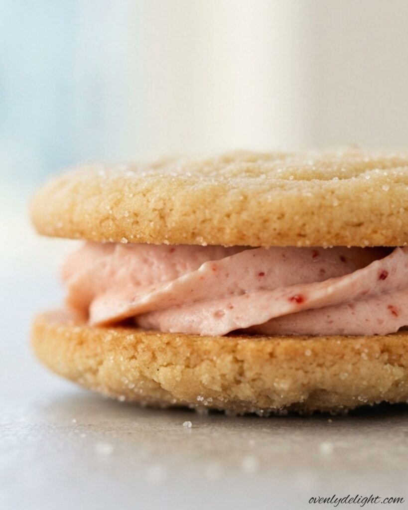 Homemade lemon sandwich cookies with sweet strawberry buttercream filling, perfect for spring and summer.