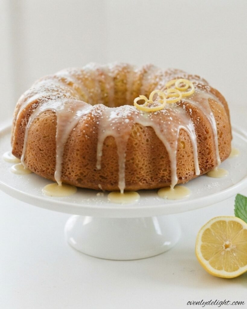 Homemade lemon zucchini cake with grated zucchini and lemon zest, bright marble countertop.