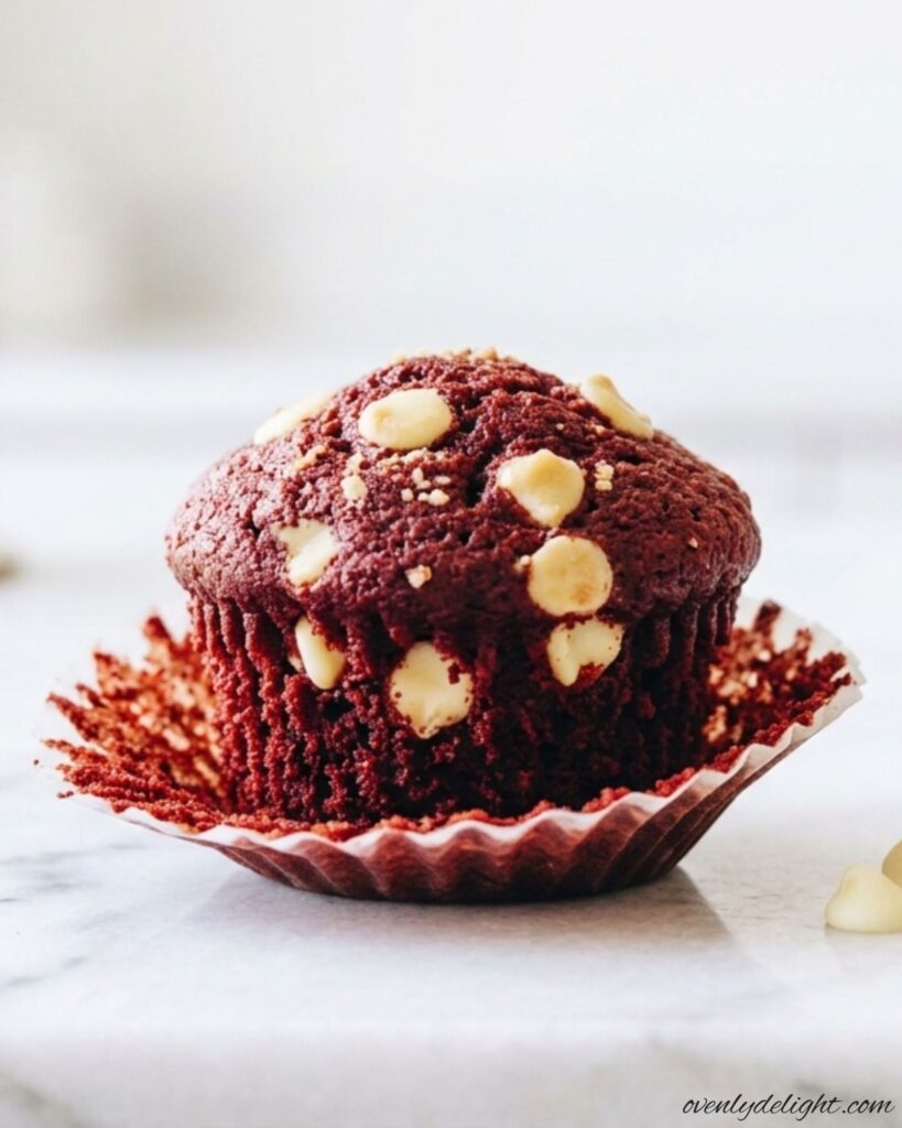 Homemade red velvet muffins with chocolate chips on a marble countertop.