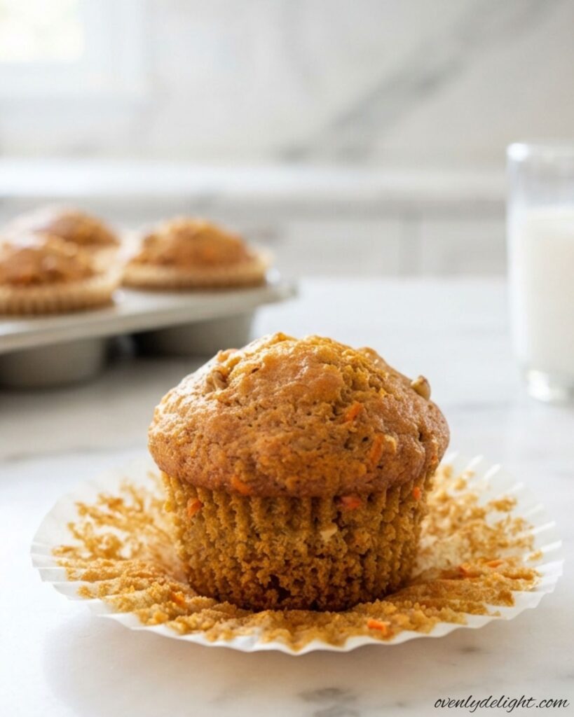 Moist carrot cake muffins topped with a creamy frosting and sprinkled with chopped walnuts.