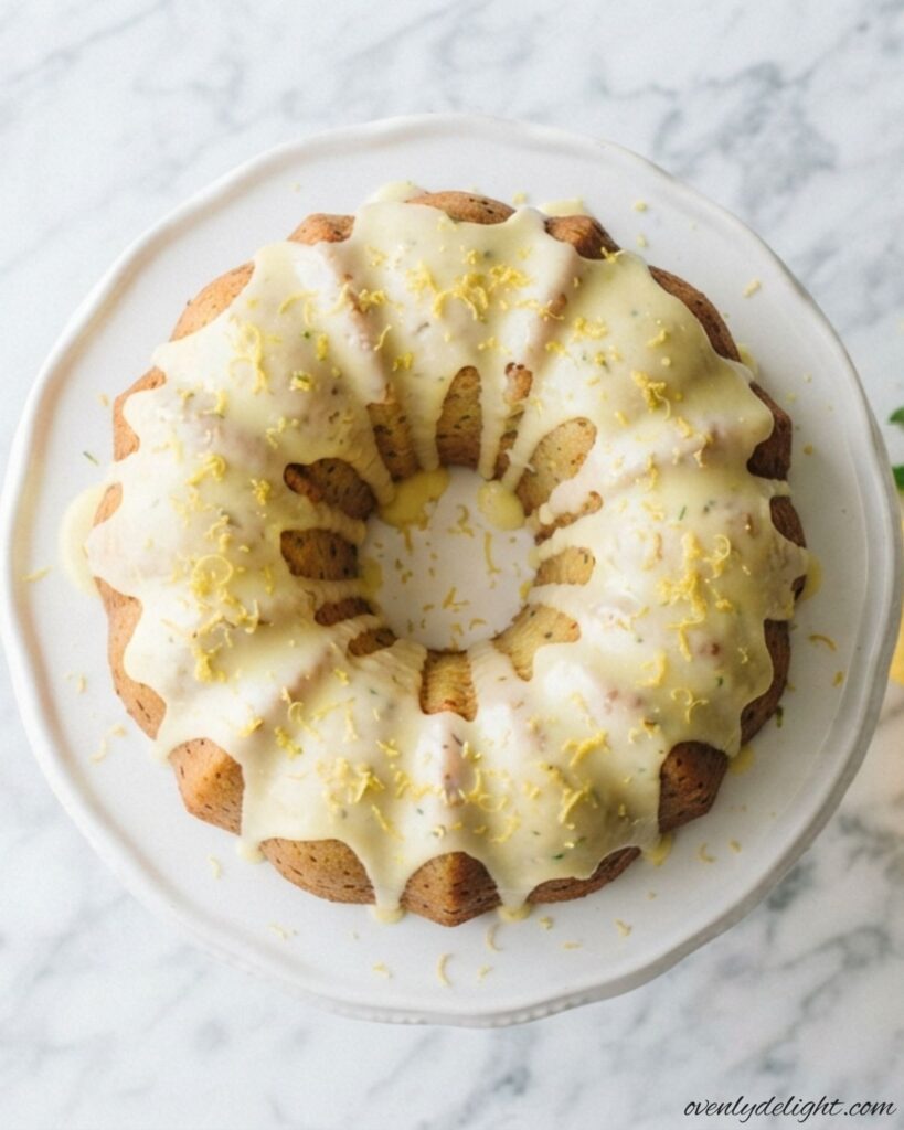 Moist lemon zucchini cake with creamy lemon frosting, fresh lemon slices, realistic food photography.