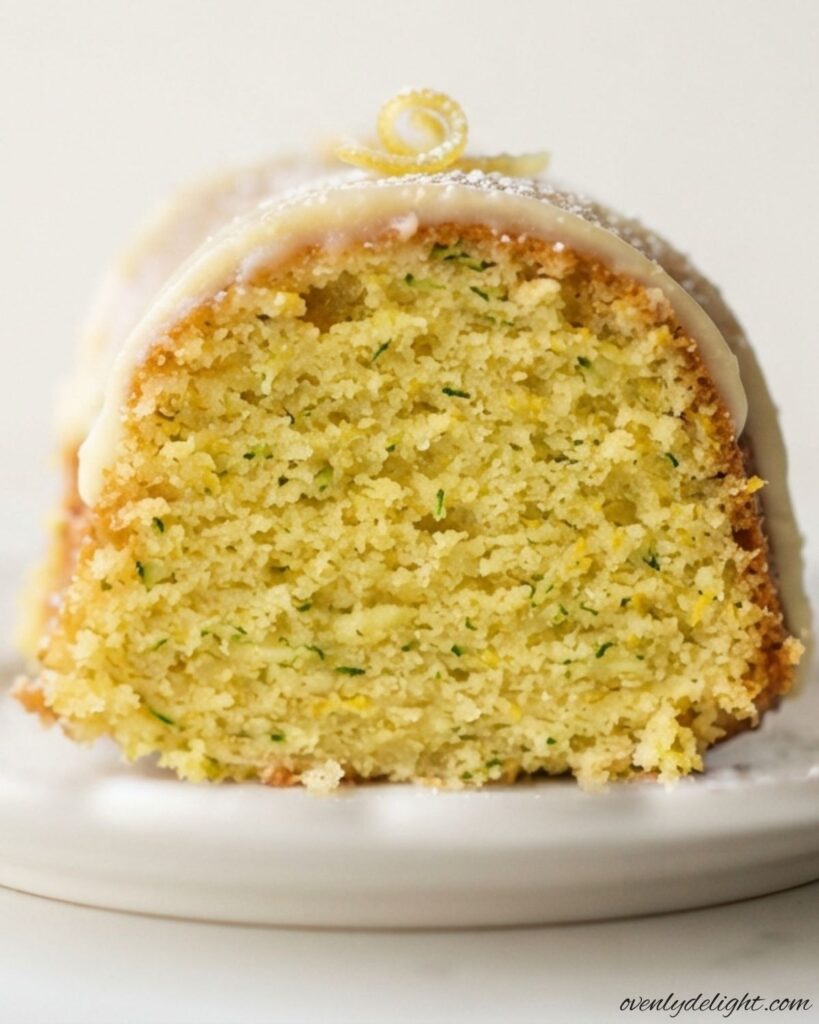Slice of lemon zucchini cake on a white plate, soft natural light, cozy kitchen.