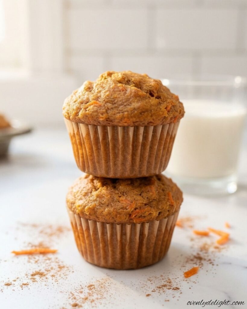 Soft and fluffy carrot cake muffins packed with grated carrots, cinnamon, and crunchy walnuts.