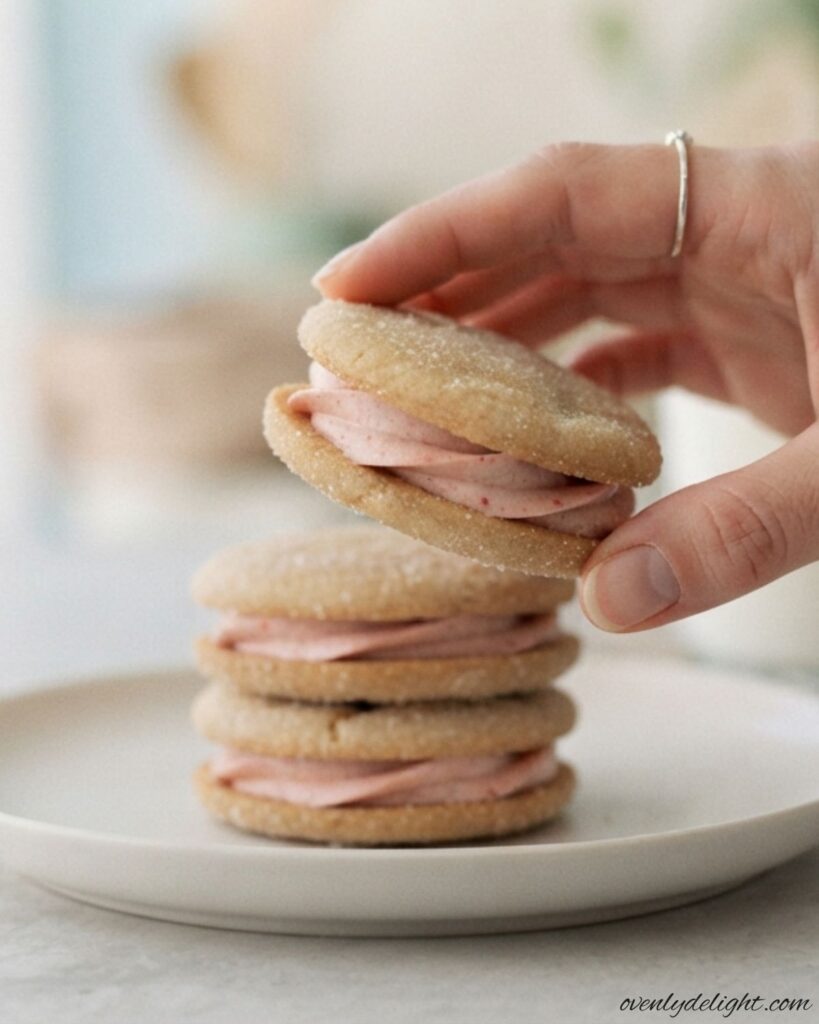 Soft lemon sandwich cookies filled with creamy strawberry frosting and fresh lemon zest.