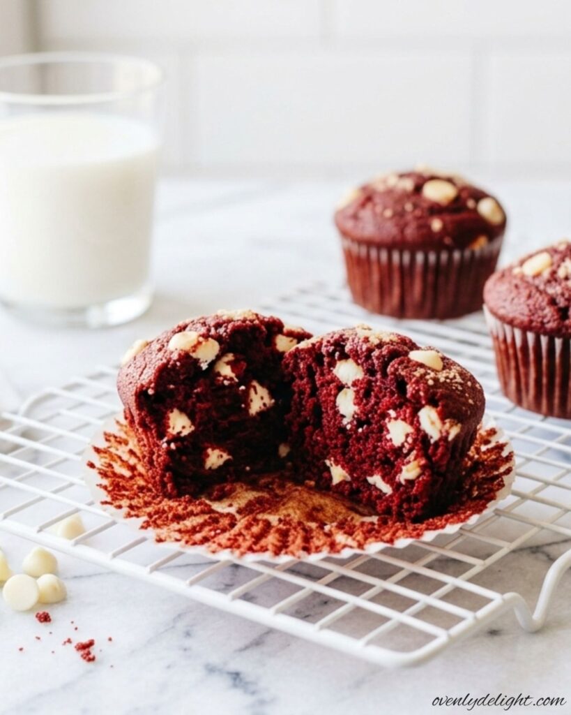 Warm red velvet chocolate chip muffins on a cooling rack, cozy kitchen scene.