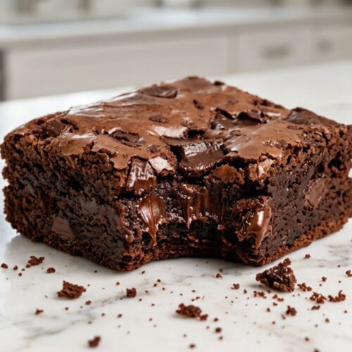 Homemade fudgy brownies cut into neat squares on parchment paper