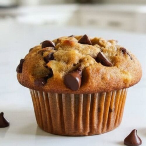 Homemade banana muffins with chocolate chips, golden and fluffy texture