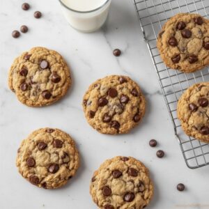 Bakery-style peanut butter oatmeal chocolate chip cookies cooling on a wire rack