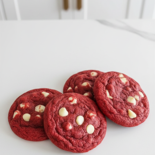 Bakery-style red velvet cookies with rich red color and chocolate chunks