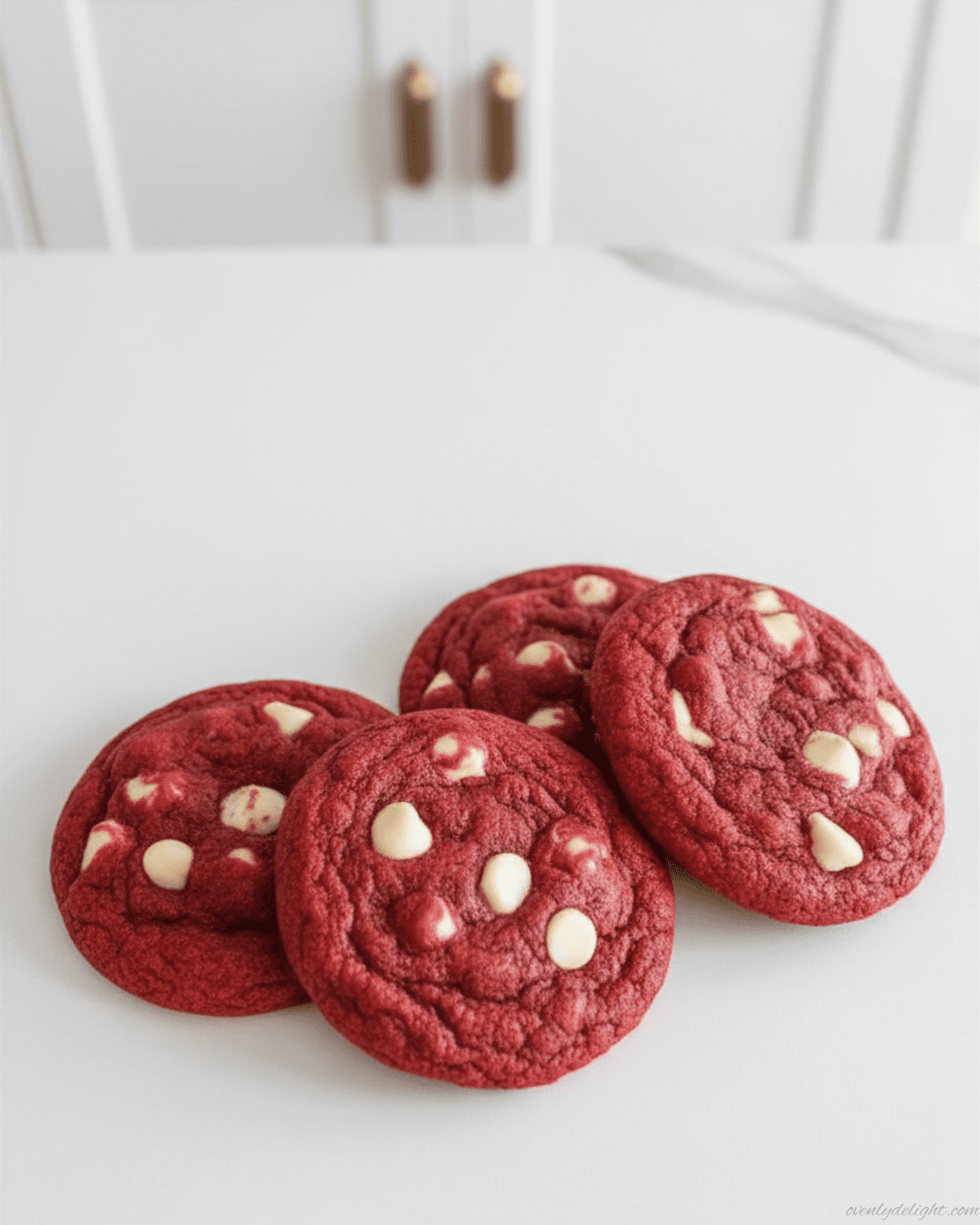 Bakery-style red velvet cookies with rich red color and chocolate chunks
