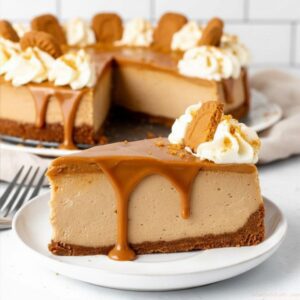 Creamy Biscoff cheesecake topped with Lotus Biscoff cookies and cookie butter.