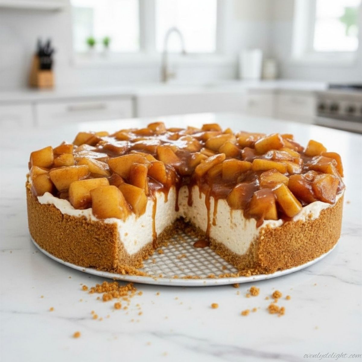 Creamy no bake apple cheesecake with cinnamon apple topping and graham cracker crust