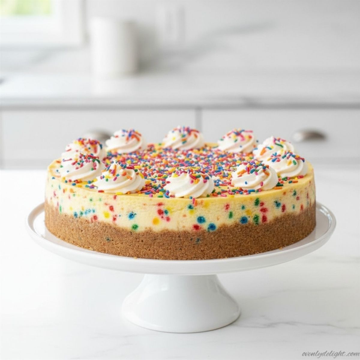 Creamy no bake funfetti cheesecake with graham cracker crust and rainbow sprinkles on top, easy birthday dessert recipe