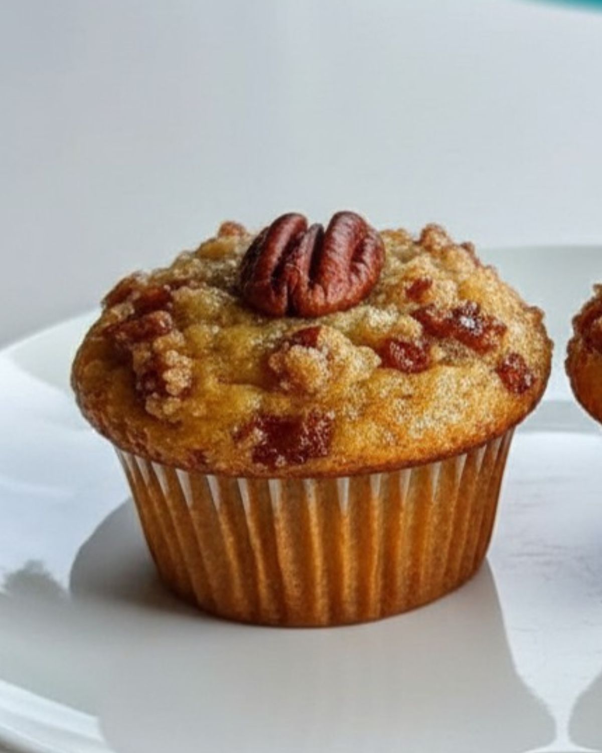 Freshly baked pecan pie muffins with golden brown tops and pecans