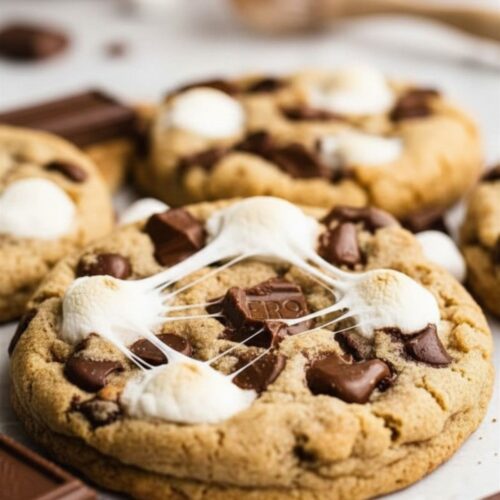 Gooey s’mores cookies topped with toasted marshmallow and melted chocolate
