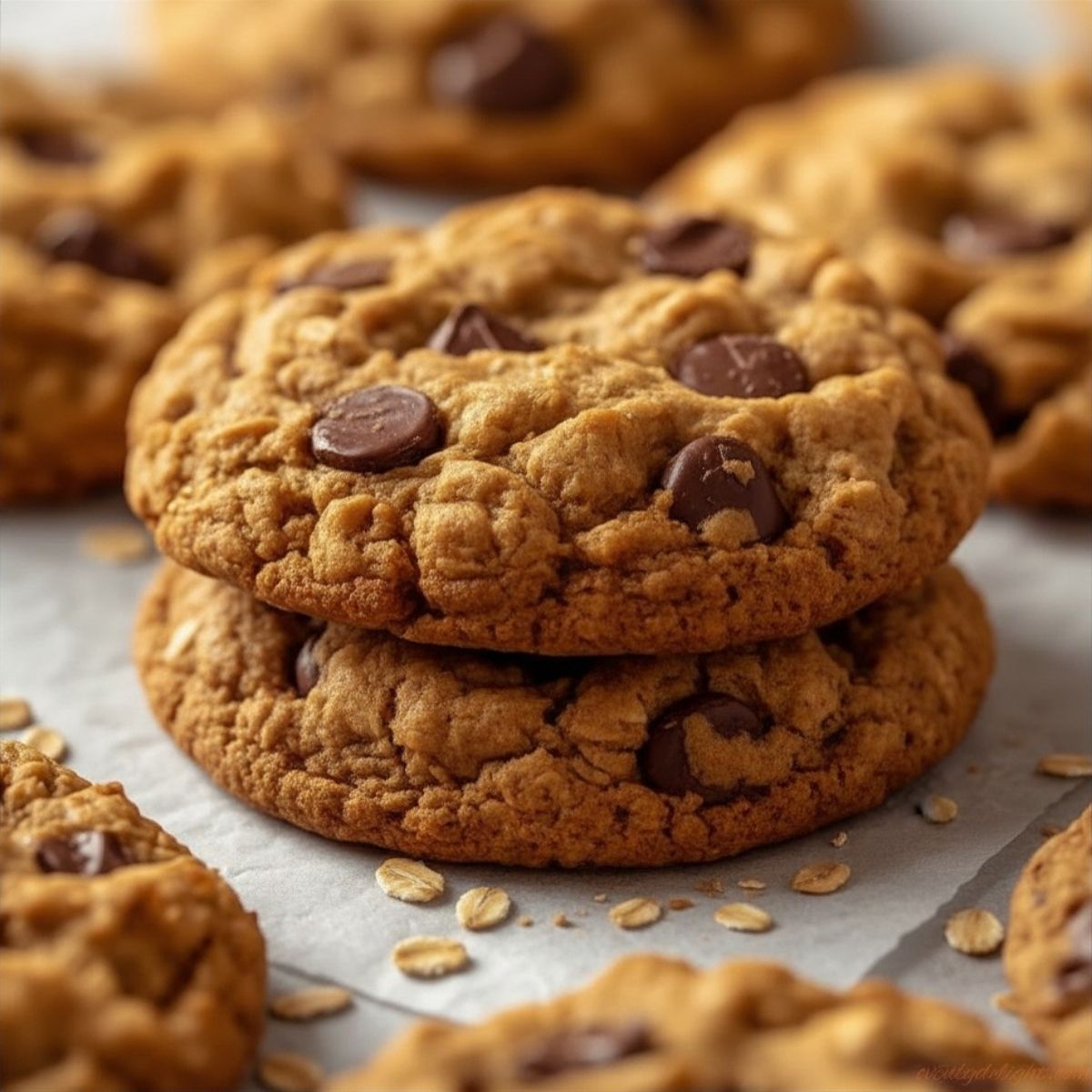 Homemade chewy oatmeal chocolate chip cookies on a baking sheet straight from the oven.