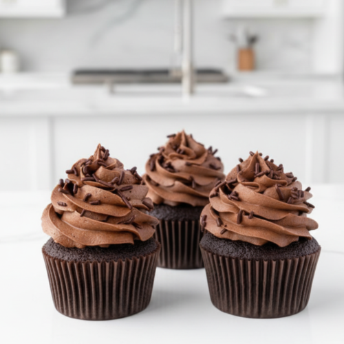 Homemade chocolate cupcakes topped with rich buttercream frosting and cocoa dust