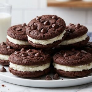 Homemade chocolate sandwich cookies with creamy vanilla filling.