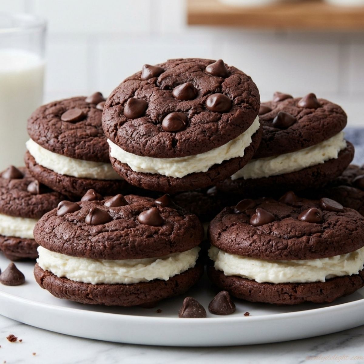 Homemade chocolate sandwich cookies with creamy vanilla filling.