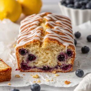 Homemade lemon blueberry loaf drizzled with lemon glaze and bursting with blueberries.
