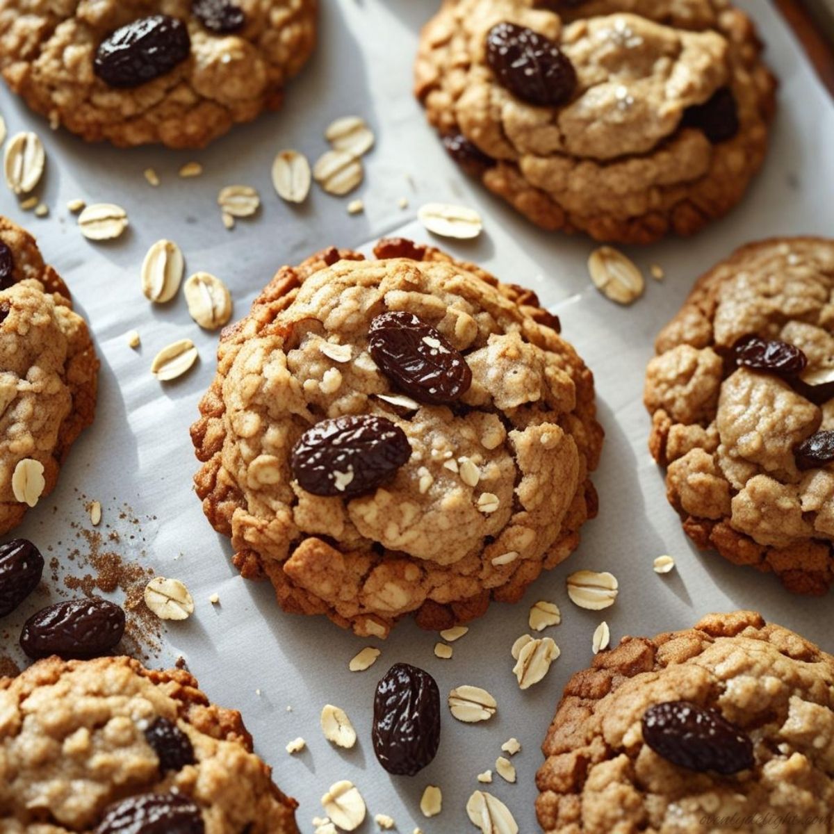 Homemade oatmeal raisin cookies with golden edges and a thick, bakery-style texture.