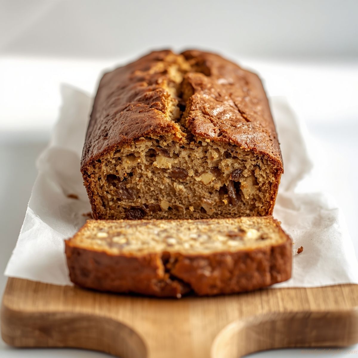 Moist homemade banana bread loaf sliced on a wooden board